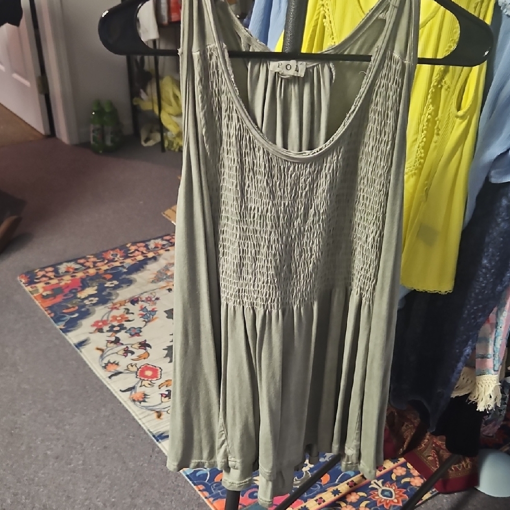 POL Green Smocked Sleeveless Tank Top